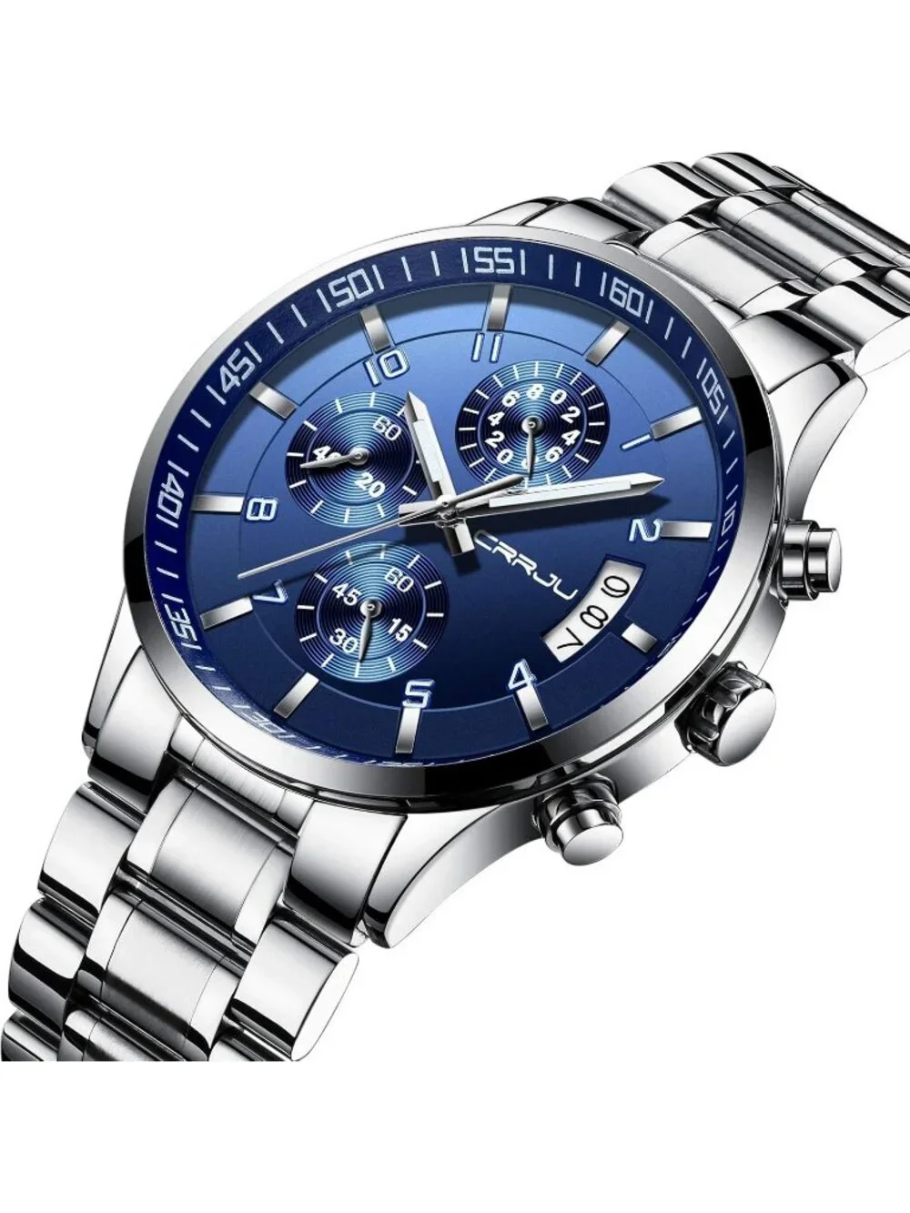 Men's Silver And Blue Analog Stainless Steel Waterproof Chronograph Wrist Watch
